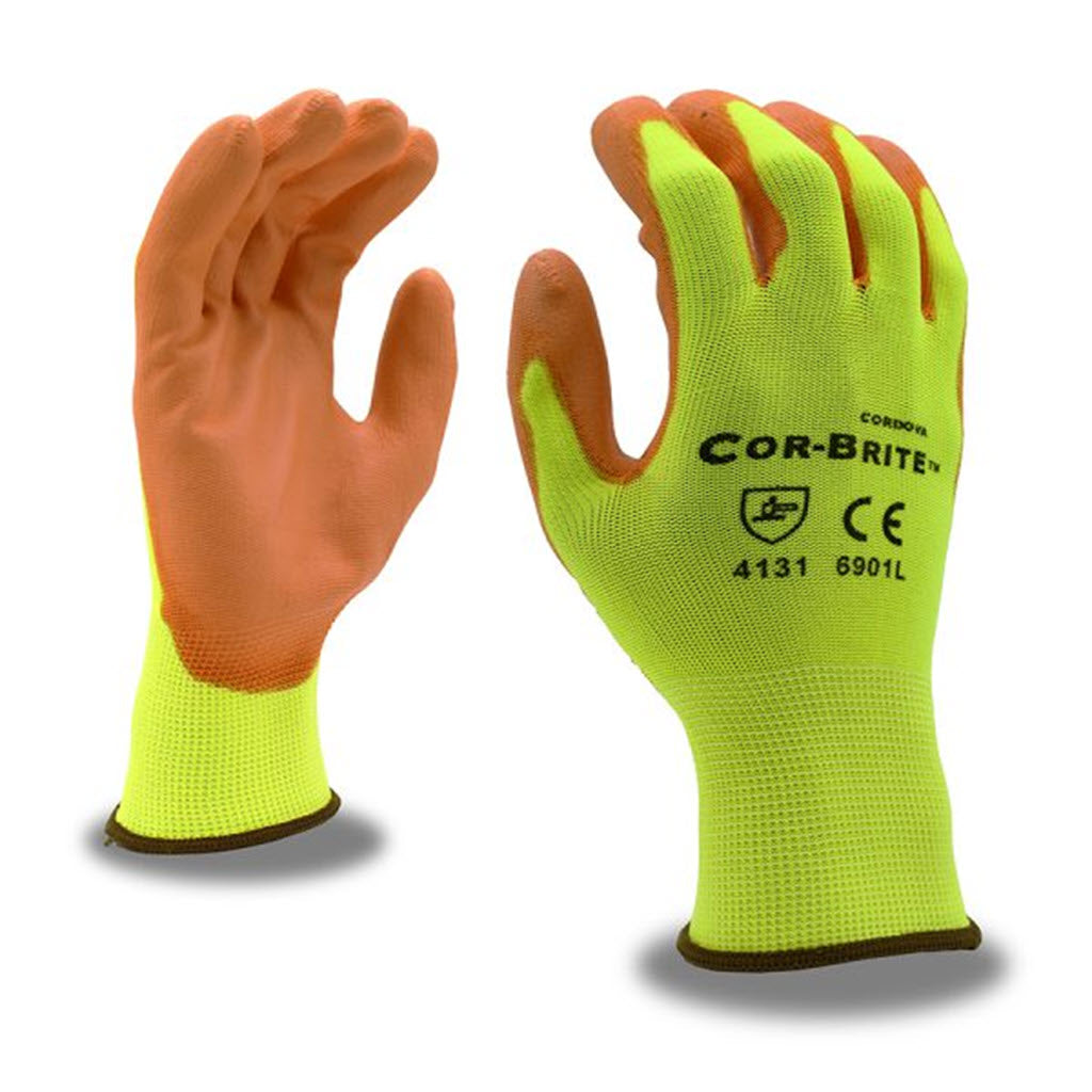 CORDOVA 6901 Large COR-BRITE Hi-Vis Poly Work Gloves Yellow/Orange – Safety Grip - OutdoorPowerDeals