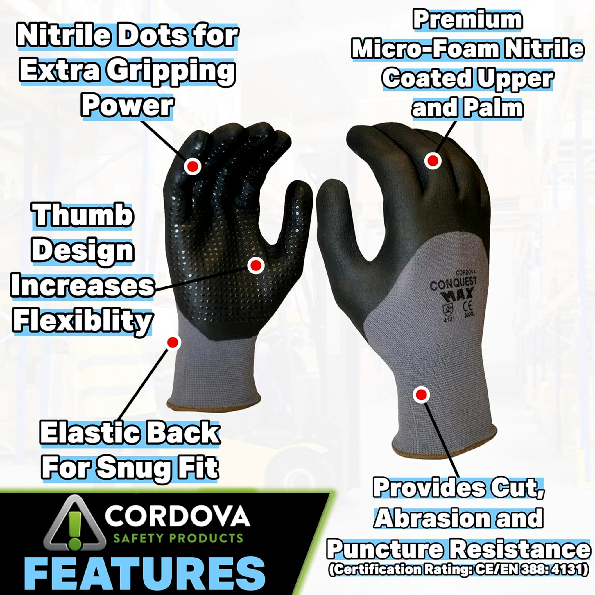 Cordova 6920-L Conquest Gloves Large Nylon/Nitrile Gray/Black Pack of 12