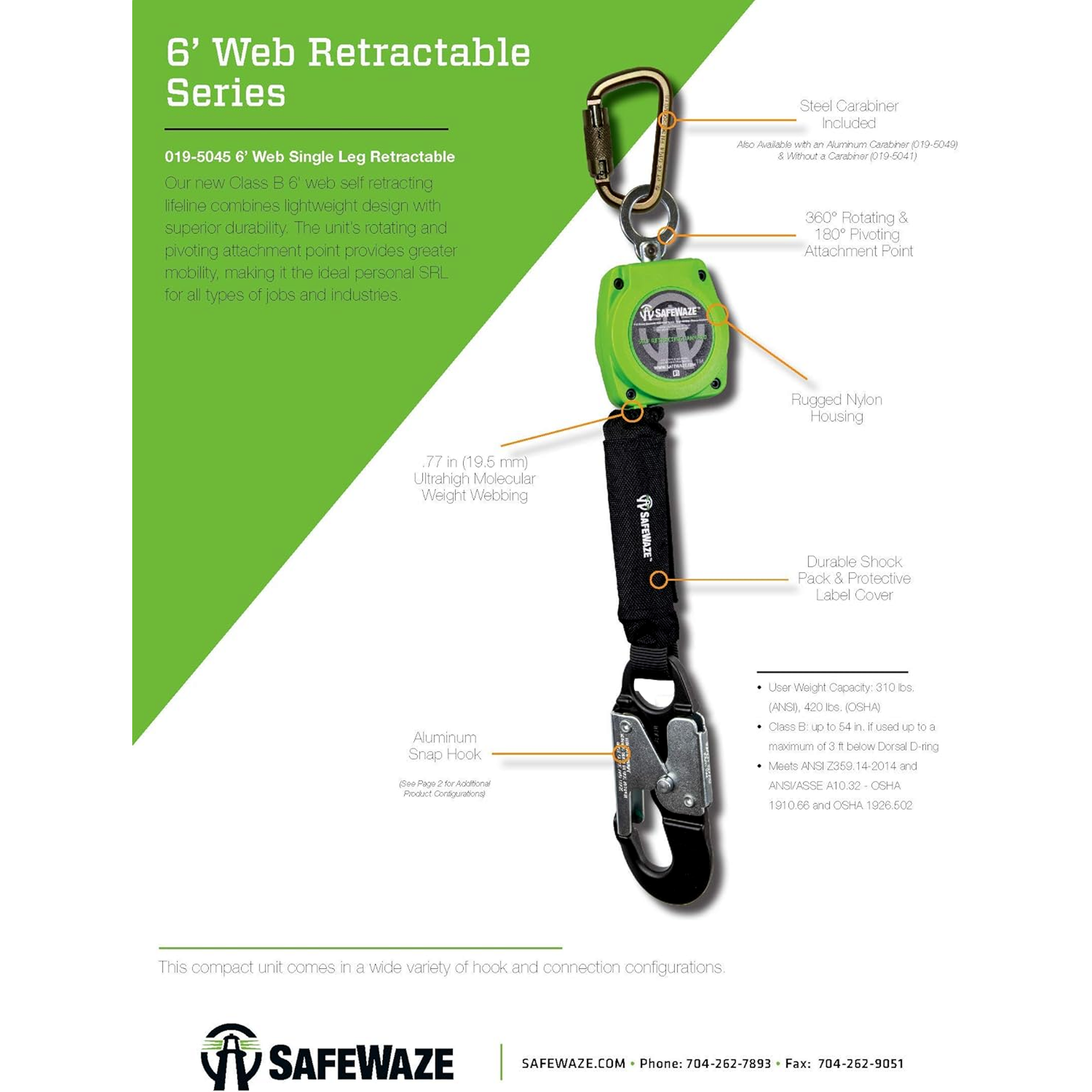Safewaze 019-5046 6' Web Retractable Steel Rebar Hook Steel Carabiner