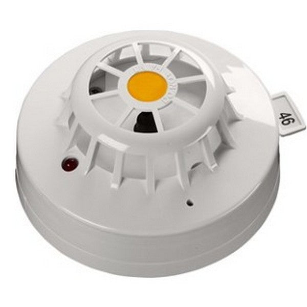 Apollo 55000-450APO Heat Detector, a cylindrical white device with a yellow circular center and a red indicator light on the side.