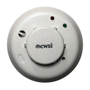 A white, ceiling-mounted CWSI photoelectric smoke detector with an integrated 85dB sounder, visible red and green buttons, and branding.
