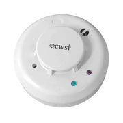 A white ceiling-mounted smoke detector with a 'CWSI' brand label and indicator lights visible.