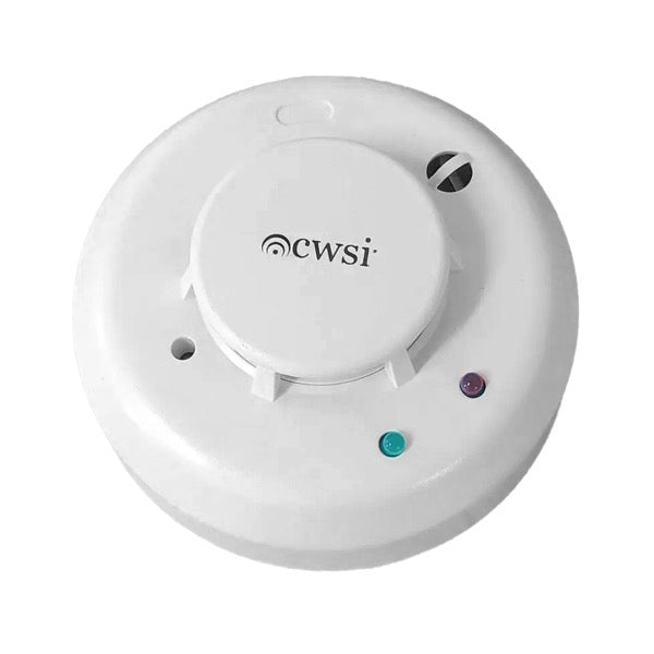 A white ceiling-mounted smoke detector with a 'CWSI' brand label and indicator lights visible.
