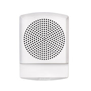 A white, wall-mounted Eaton Wheelock ELSPKW-N high-fidelity speaker with a white grille cover.