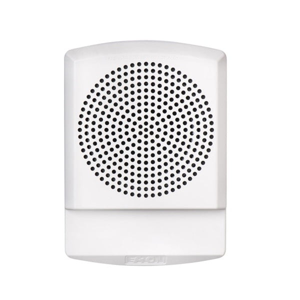 A white, wall-mounted Eaton Wheelock ELSPKW-N high-fidelity speaker with a white grille cover.