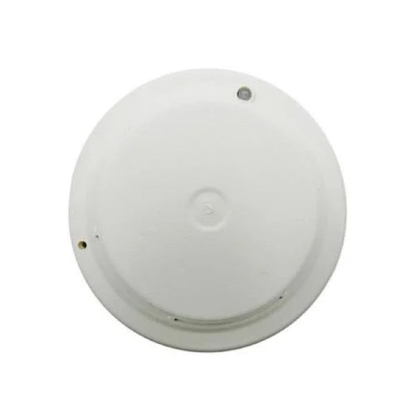 A white, circular Faraday photoelectric smoke detector with a central LED indicator and mounting screws visible from the bottom.