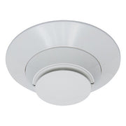 A white, ceiling-mounted Gamewell-FCI photoelectric smoke detector with a contemporary design.