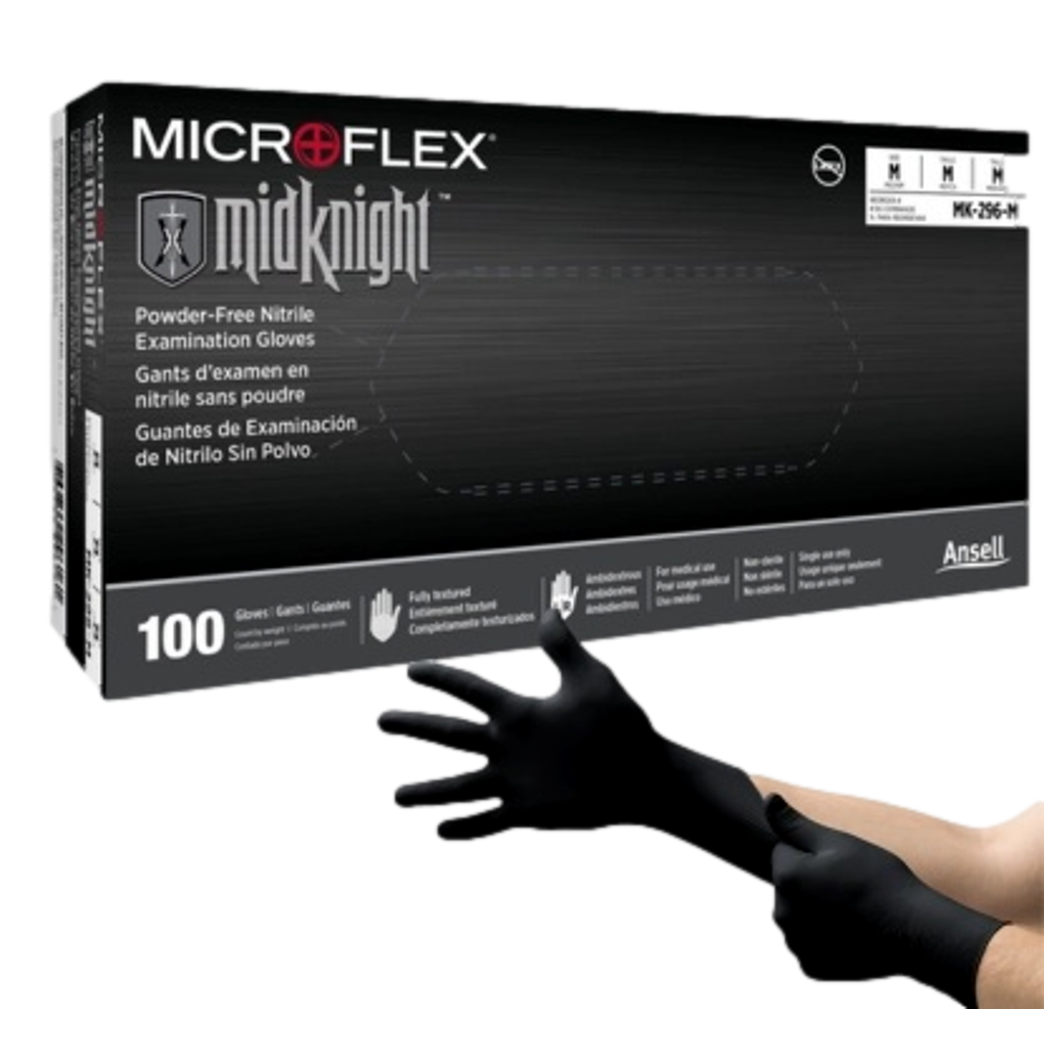 Ansell MK-296 Medium Microflex MidKnight Black Nitrile Gloves Powder-Free Box of 100
