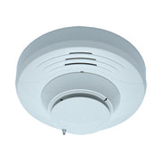 A white, ceiling-mounted fire and carbon monoxide detector with a sleek, low-profile design in an ivory finish.