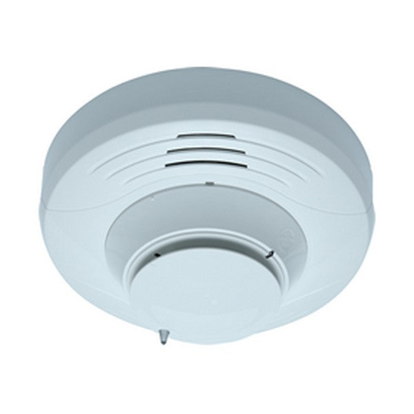 A white, ceiling-mounted fire and carbon monoxide detector with a sleek, low-profile design in an ivory finish.