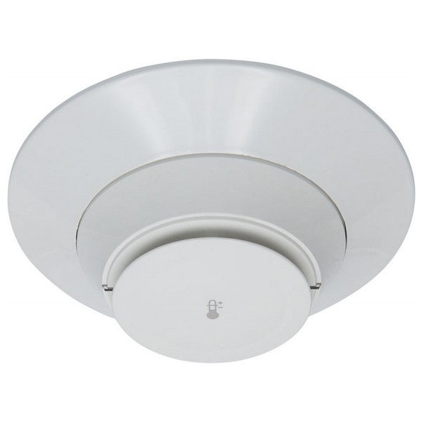 A white, low-profile Notifier FST-951-IV intelligent addressable heat detector with a circular design and a central pivot point.