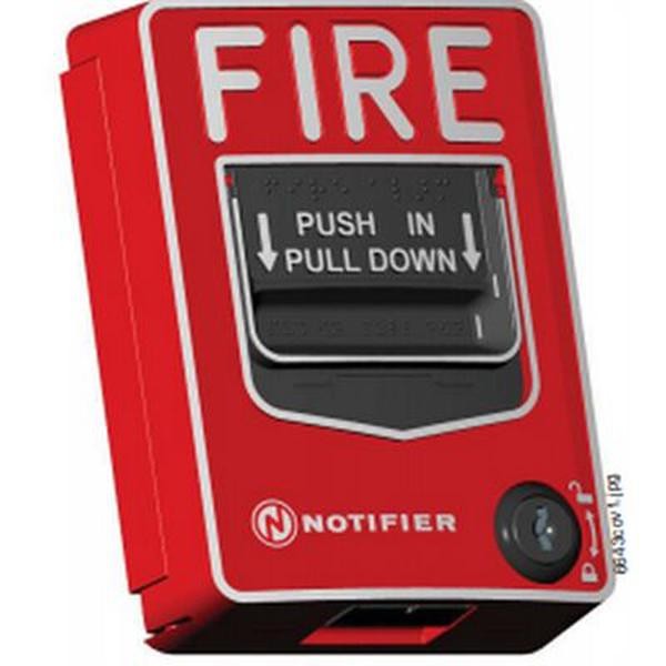 A red Notifier NBG-12LX dual-action addressable pull station with a black push-in and pull-down mechanism and a built-in bicolor LED.