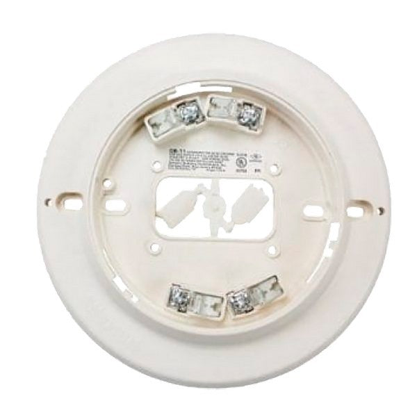 A white Siemens DB-11 detector base with low-profile surface-mount design, featuring screw-clamp contacts for electrical connections.