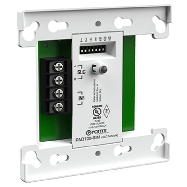 A Potter Electric Signal PAD100-SIM module, primarily white and green in color, designed for fire alarm control panels.
