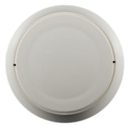 A modern, white, round photoelectric smoke detector with a flat profile and dual LED status indicators.