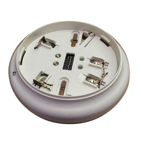 A white Simplex sensor base with electrical connectors and a red LED indicator, designed for fire alarm systems.